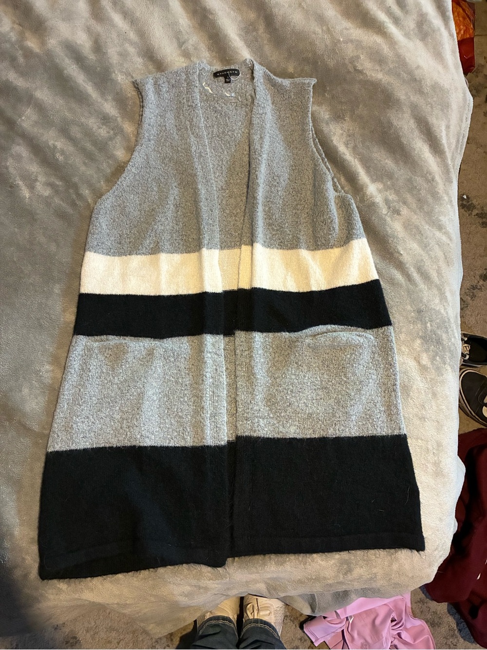 Staccato Black, Gray & White Striped Open-Front Cardigan Sweater Vest